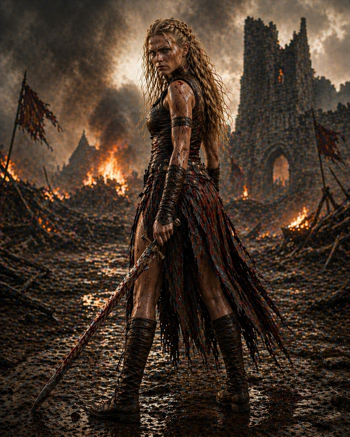 Fierce female warrior in tattered armor stands with a sword among burning ruins.