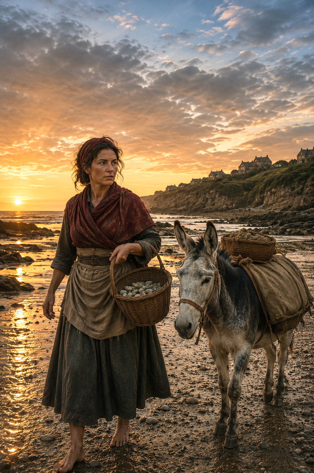Weathered woman in old-world dress walks a donkey along a rocky beach at sunset, carrying a basket.