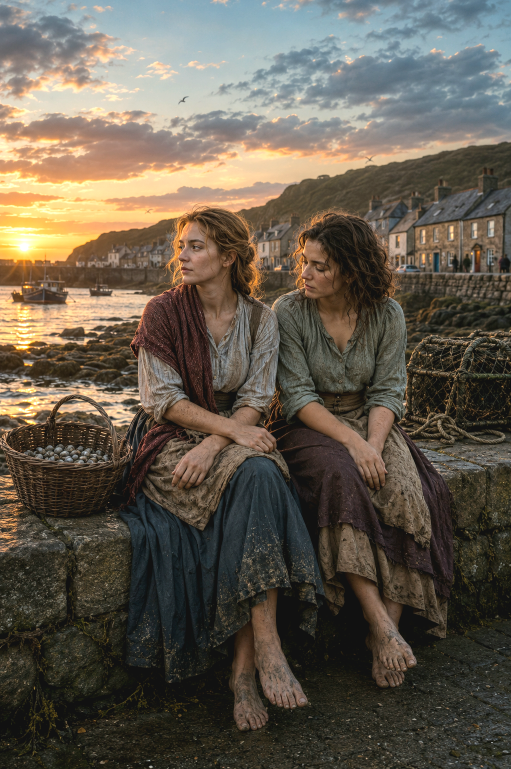 Two women in vintage dresses sit barefoot on a stone harbor wall at sunset.