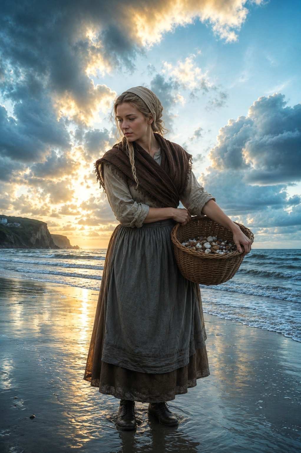 Woman in vintage peasant dress gathers shells on a sunset beach with a wicker basket.