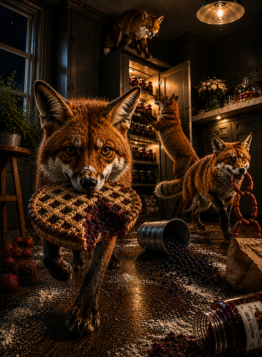 A curious red fox carrying a woven basket in a dark rustic pantry with shelves of jars.