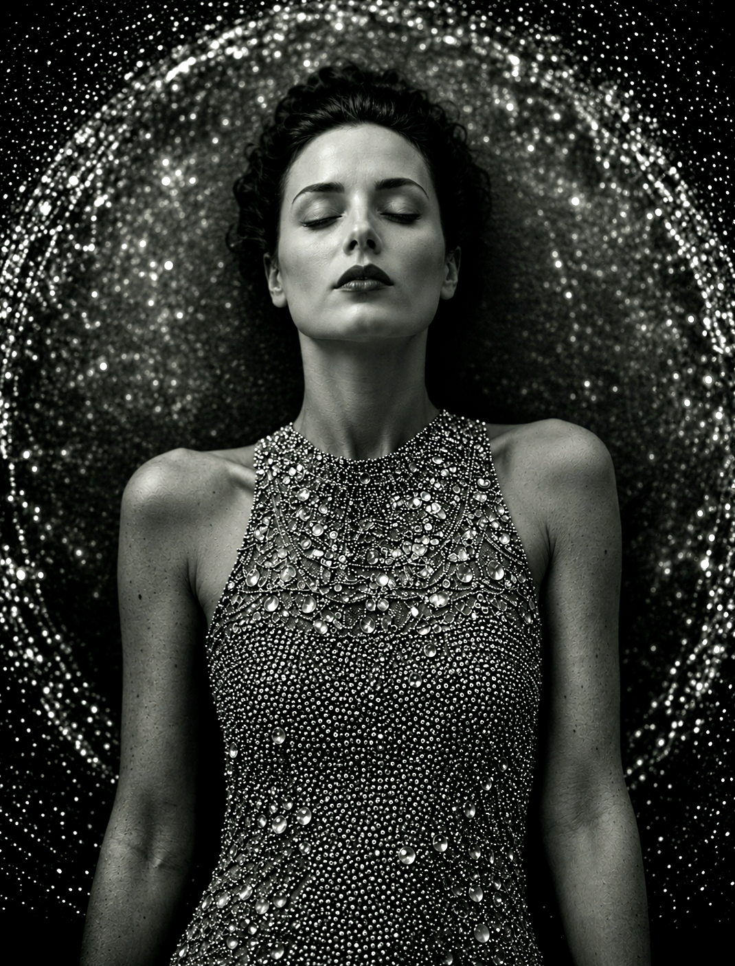 Black-and-white portrait of a woman in a jeweled beaded gown with closed eyes.
