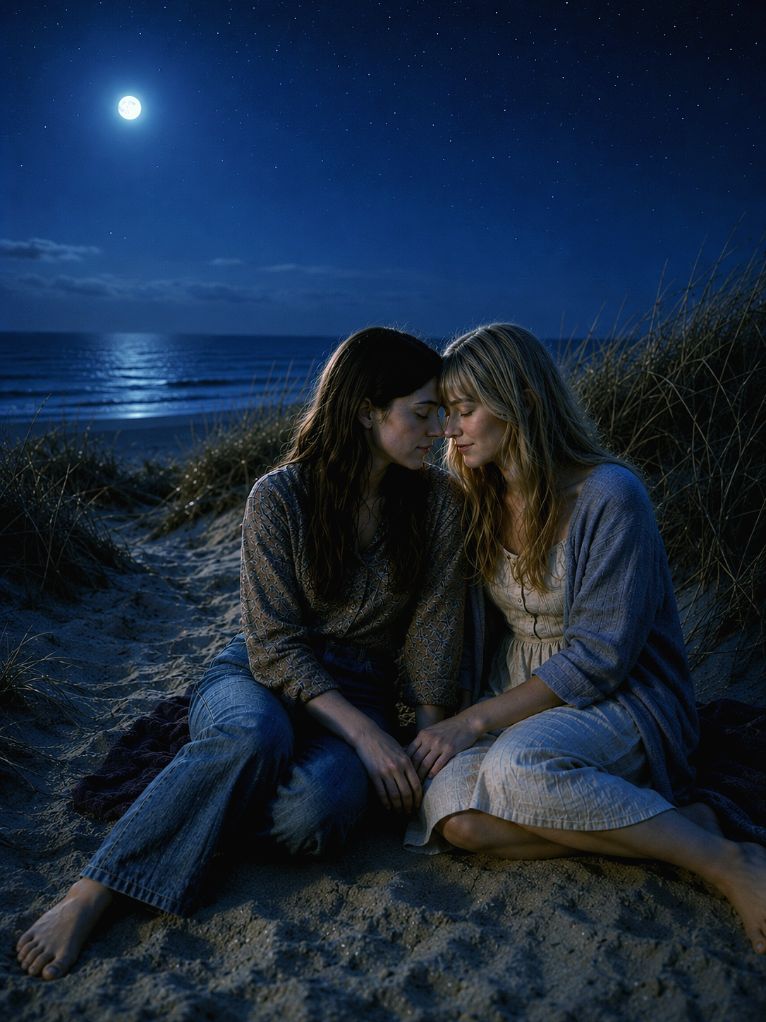 Two women sit close together on a moonlit beach, sharing a quiet, intimate moment.