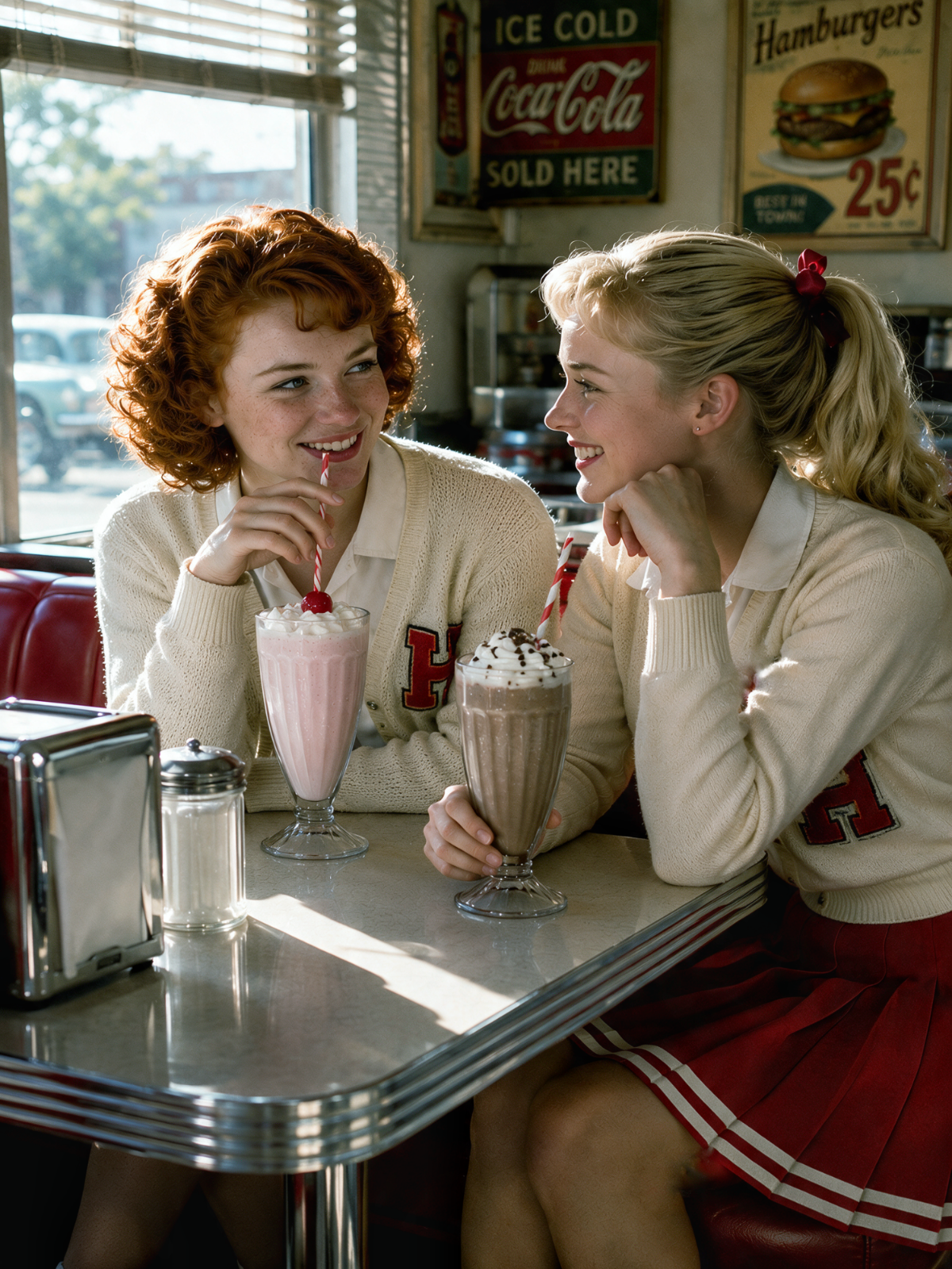 Two retro 1950s teen girls in matching letter sweaters smile at each other over milkshakes at a sunlit vintage diner booth.