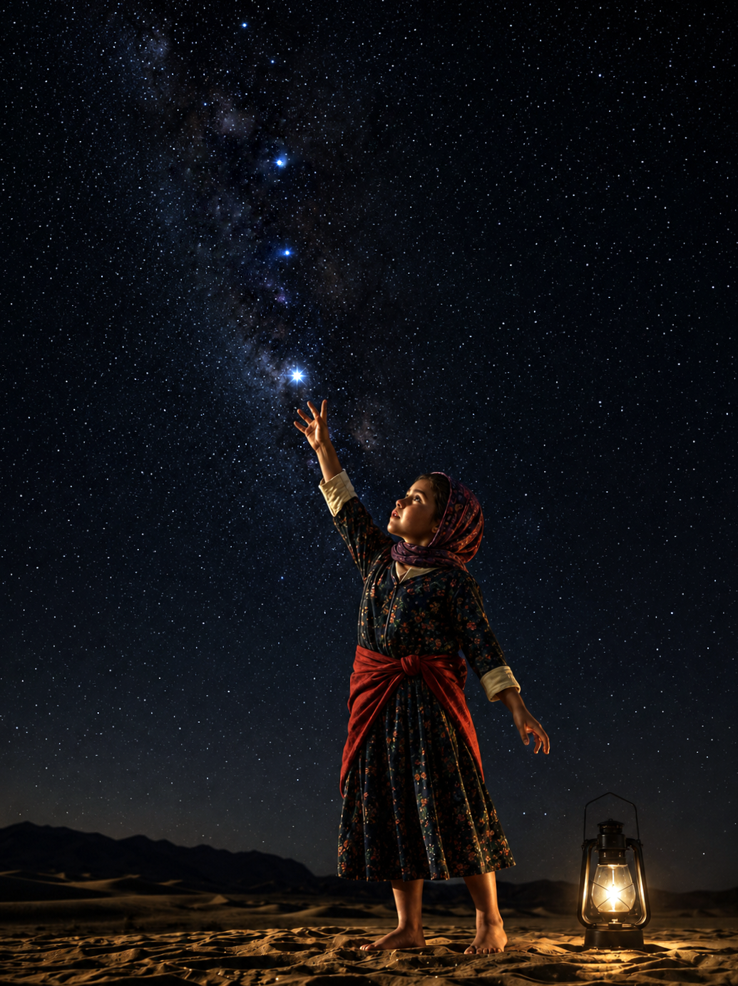 Barefoot girl in traditional dress reaching for stars beneath the Milky Way in a desert beside a lit vintage lantern.