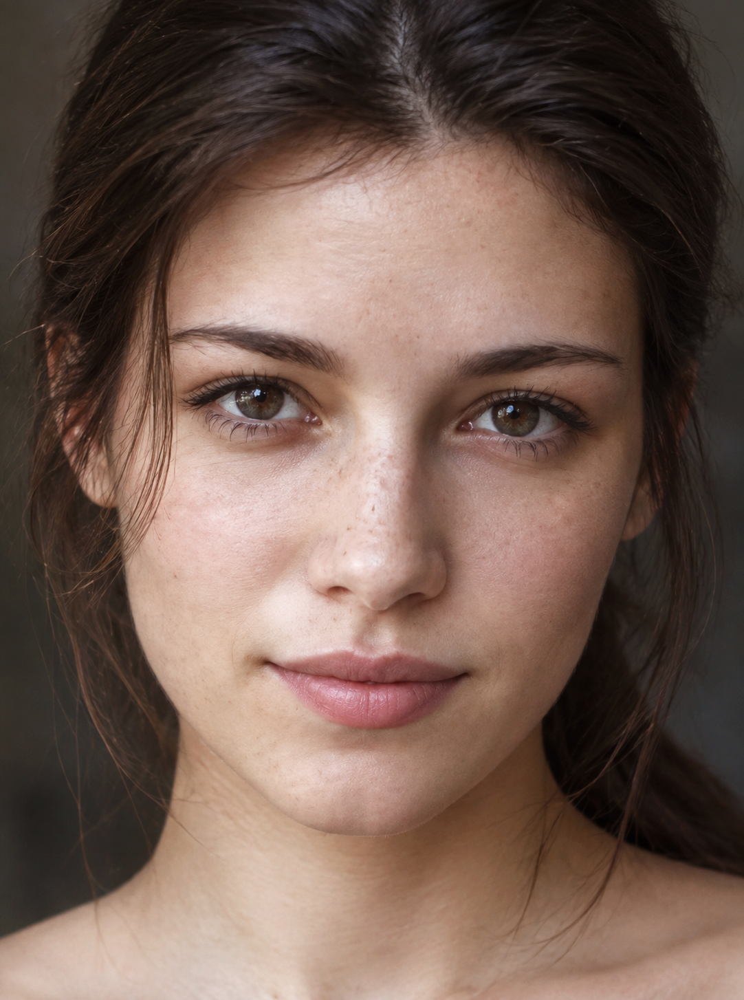 Close-up headshot of a young woman with natural skin, dark brown hair, warm brown eyes, and a soft calm expression