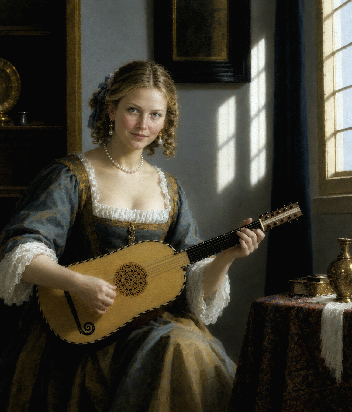 Smiling woman in 17th century period dress plays a lute beside a sunlit window
