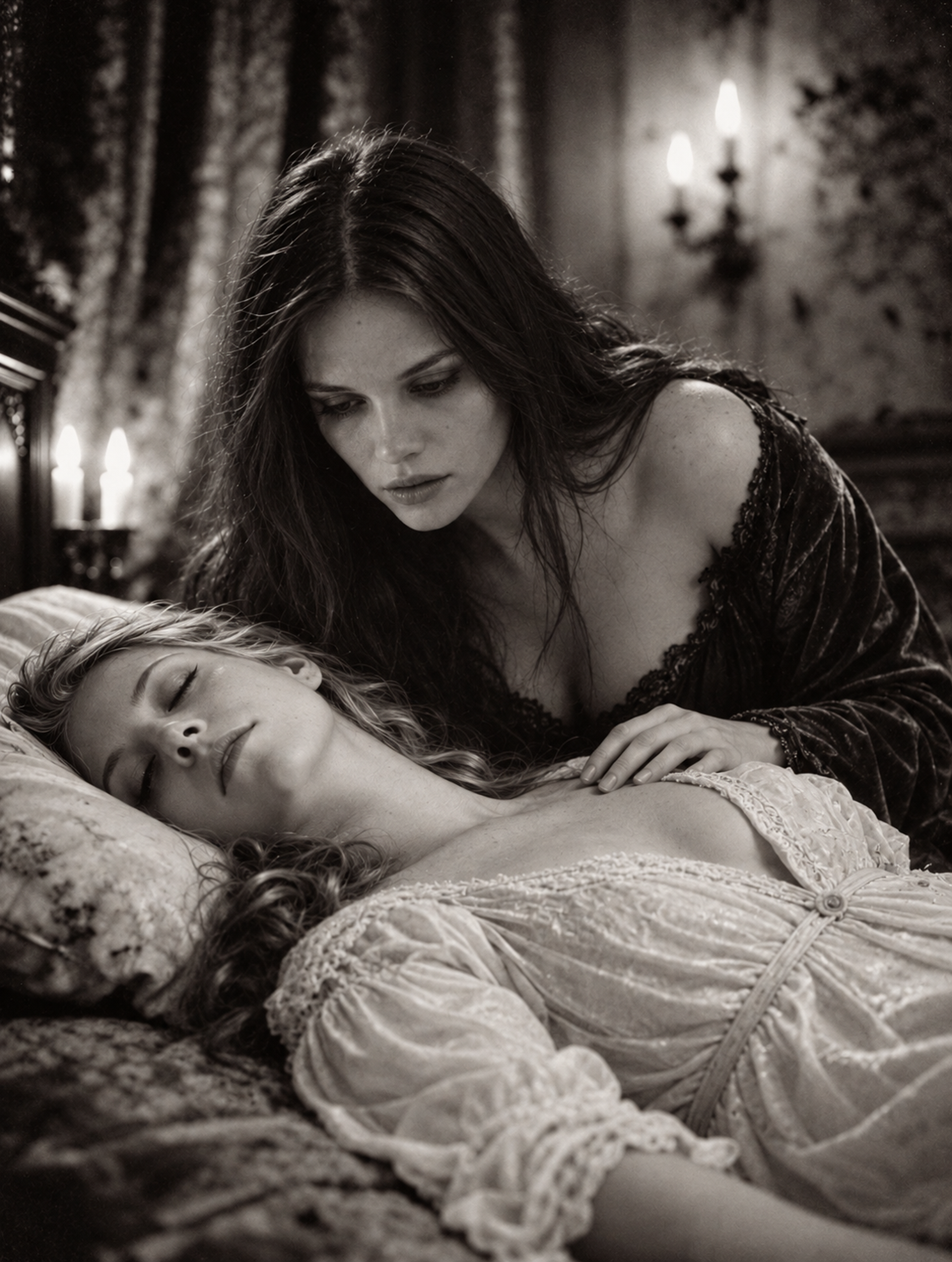 Dark haired woman leans over a sleeping blonde woman resting on an ornate vintage bed