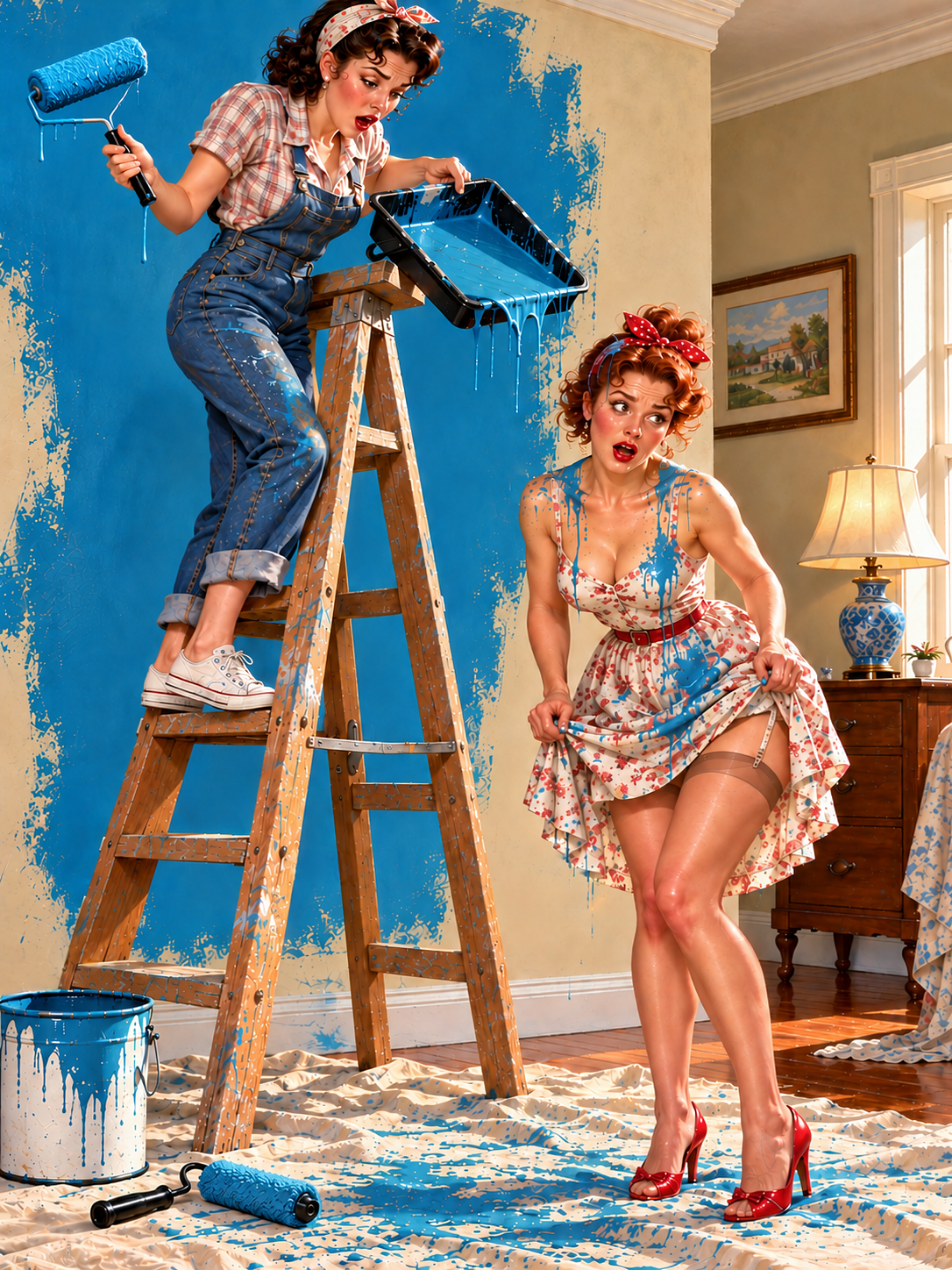 Two retro pinup women react to a messy dripping blue paint spill during home redecoration