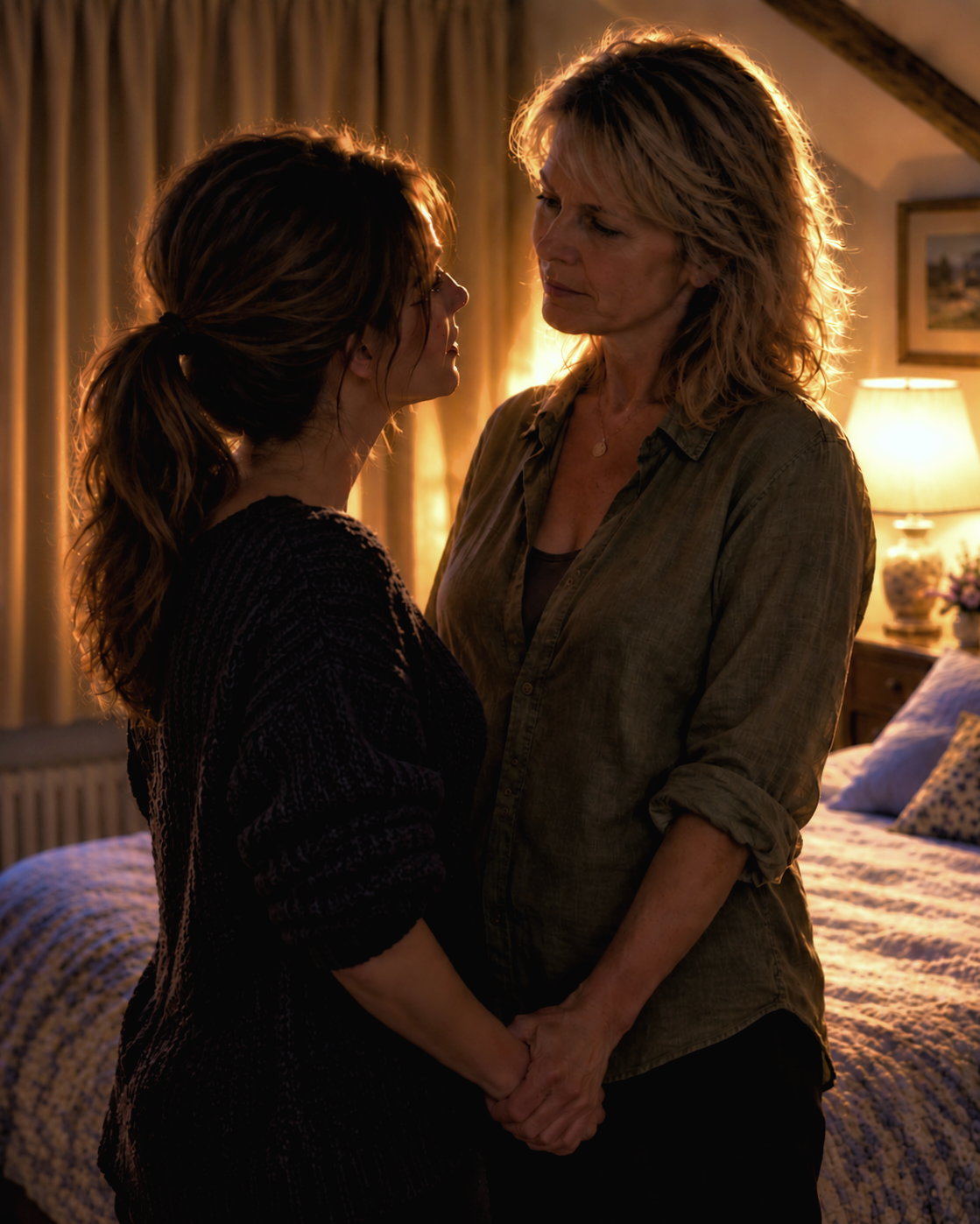 Two women holding hands stand face to face in a warmly lit bedroom