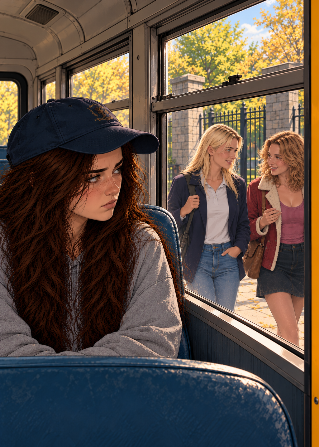 Sullen teen girl sits alone inside a school bus as two other students approach outside