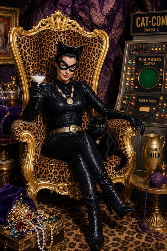 Catwoman in a black sparkling bodysuit and mask on a gold leopard-print throne, holding a cocktail.