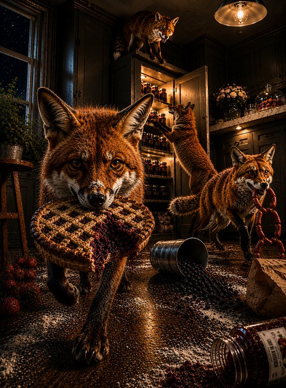 A curious red fox carrying a woven basket in a dark rustic pantry with shelves of jars.