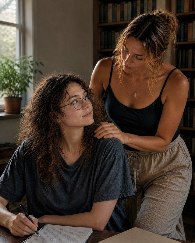 Two women in a cozy study space; one writes in a notebook while the other leans over, offering su...