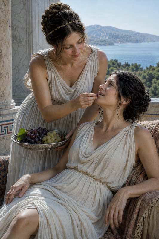 Two women in flowing ancient-style dresses share grapes on a terrace overlooking the sea.