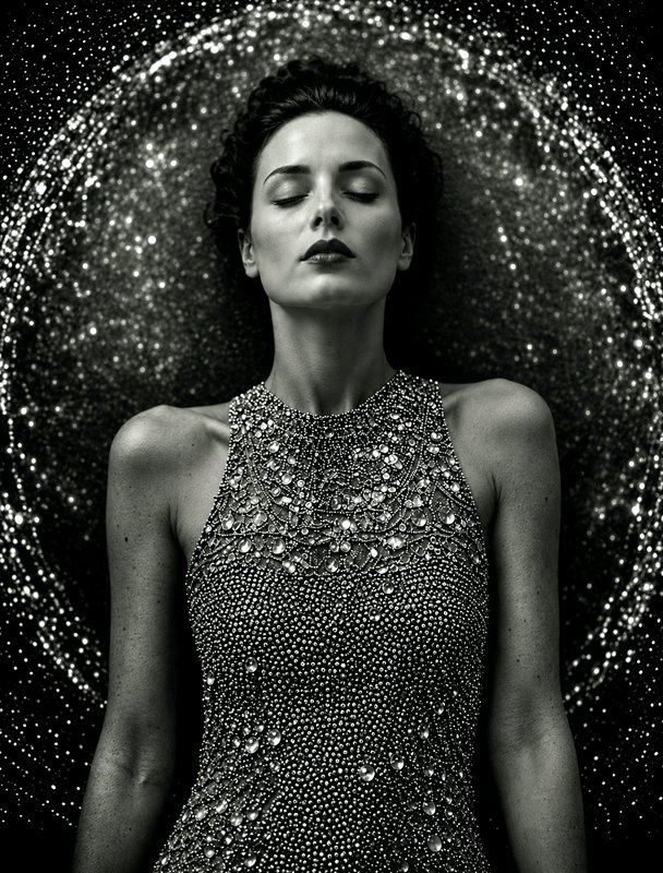 Black-and-white portrait of a woman in a jeweled beaded gown with closed eyes.
