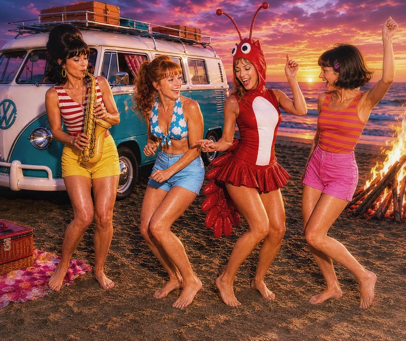 Four women dancing on a sunset-lit beach beside a retro VW van, one playing saxophone and another...
