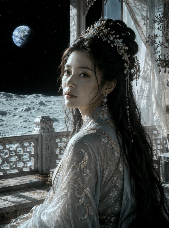Woman in ornate traditional attire with jeweled hairpiece on a moonlit terrace, Earth visible in ...