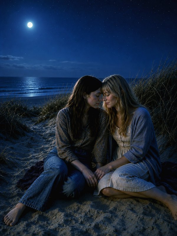 Two women sit close together on a moonlit beach, sharing a quiet, intimate moment.