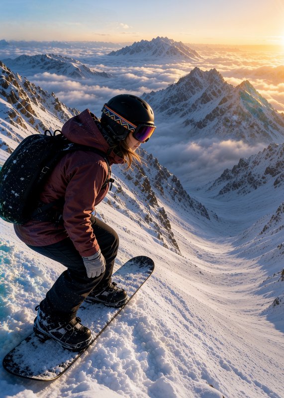 Snowboarder wearing helmet and goggles carving down a snowy mountain ridge at sunset.