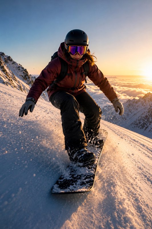 Snowboarder carving down a snowy mountain slope at sunset with goggles and helmet