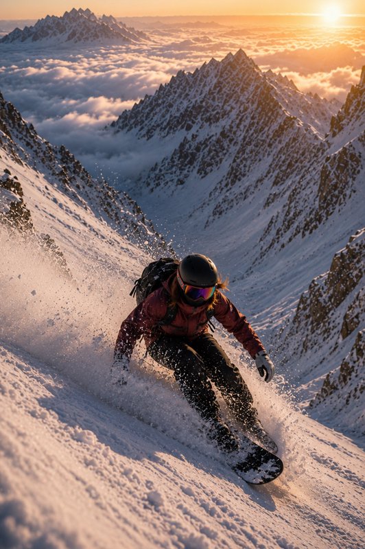 Snowboarder carving down a snow-covered mountain ridge at sunset with jagged peaks.