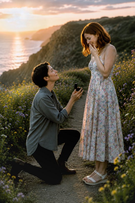 Man proposing on a coastal path at sunset, woman surprised in a floral dress