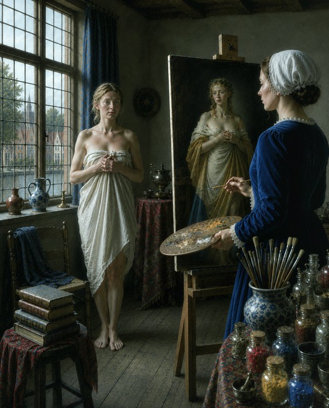 Woman in a white wrap posing in a classical painter's studio with palette and mirror