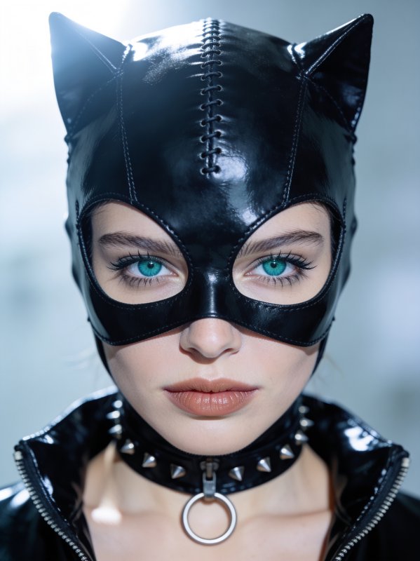 Close-up portrait of a woman in a glossy black cat ear cosplay mask, with vivid teal eyes and a s...