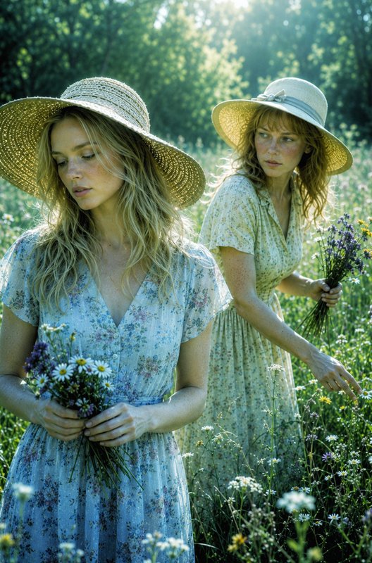 Two women in wide straw sun hats hold wildflower bouquets while standing in a sunlit summer wildf...
