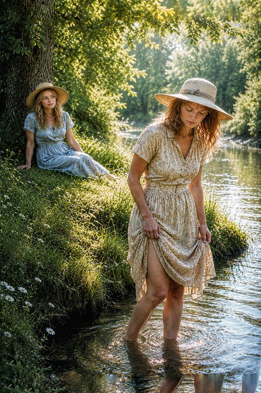 Two women in vintage dresses and straw hats, one wading in a sunlit woodland stream, the other se...