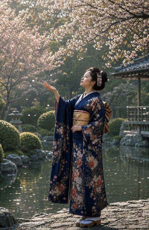 Woman in a navy floral kimono reaches to catch falling cherry blossom petals beside a pond in a t...