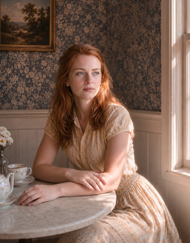 Pensive red-haired woman in a vintage ditsy dress sits at a marble cafe table with tea, lit by wa...