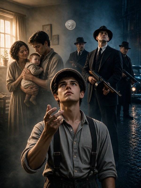 Young man tossing a silver coin, split 1920s scene of working class family and armed gangsters in...