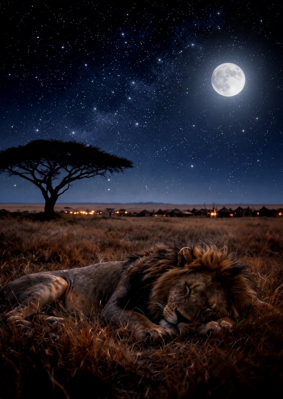 Sleeping male African lion rests on dry savanna grass under a starry night sky with bright full m...