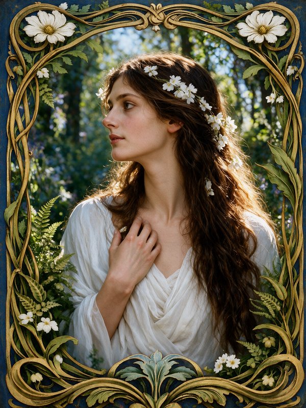Ornate Art Nouveau framed portrait of a serene flower-crowned woman in a sunlit forest setting