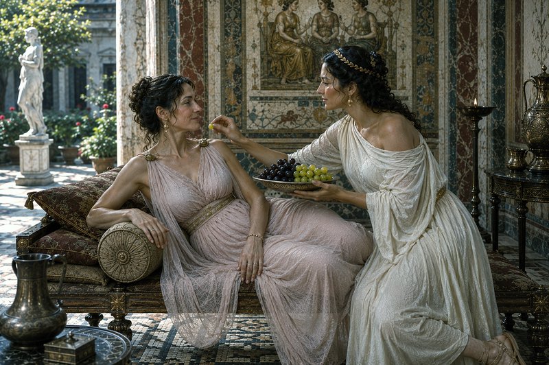 Two Ancient Roman noblewomen in draped gowns, one feeding fruit to a reclining pregnant companion...