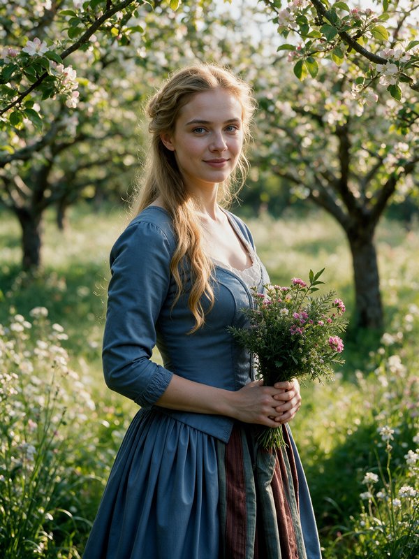 Young blonde woman in historical blue gown holds a wildflower bouquet standing in a sunlit bloomi...