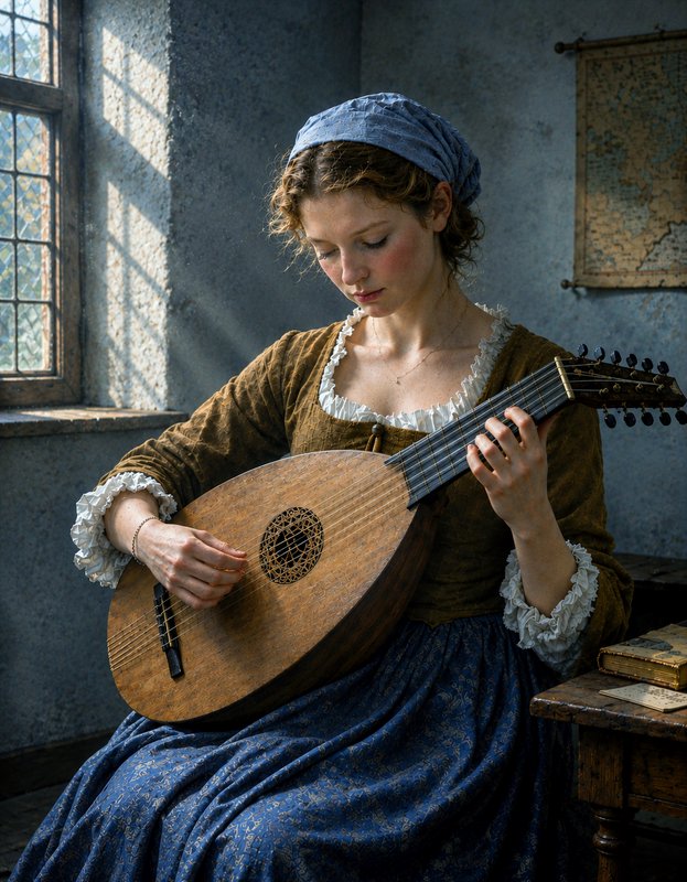 Young woman in 17th century period dress playing a wooden lute beside a sunlit leaded glass window
