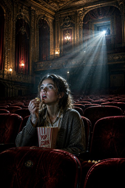 Surprised young woman eats popcorn while watching a film alone in an ornate vintage theater with ...