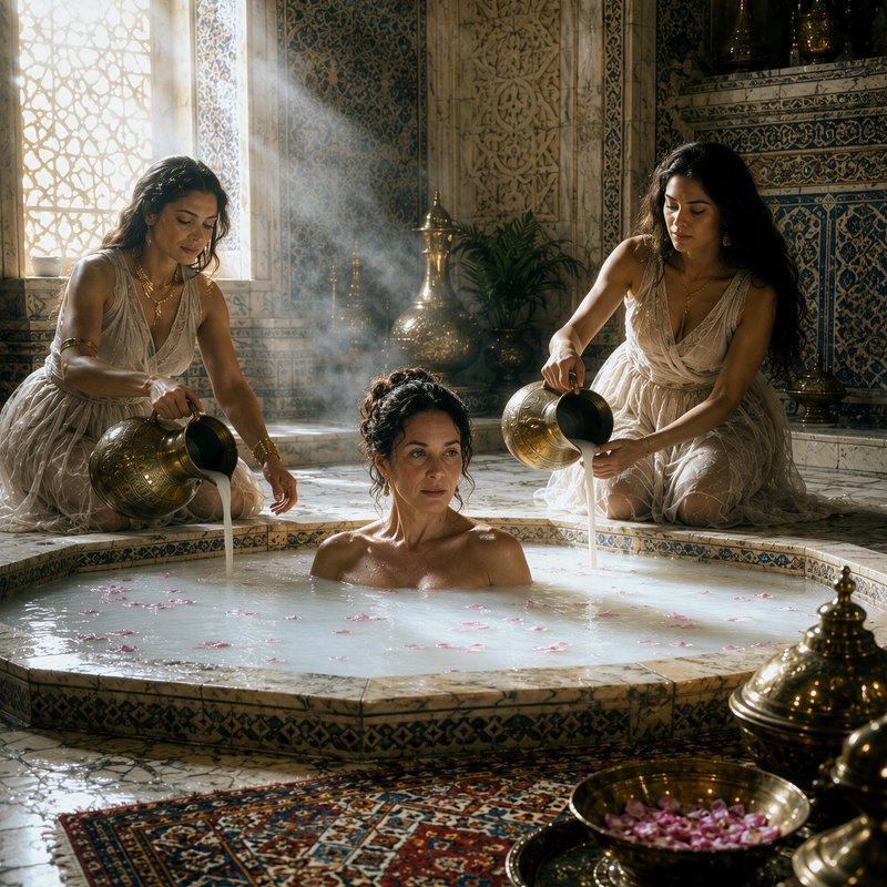 Two attendants pour milk from brass pitchers for a woman bathing in a rose-petal marble pool in a...