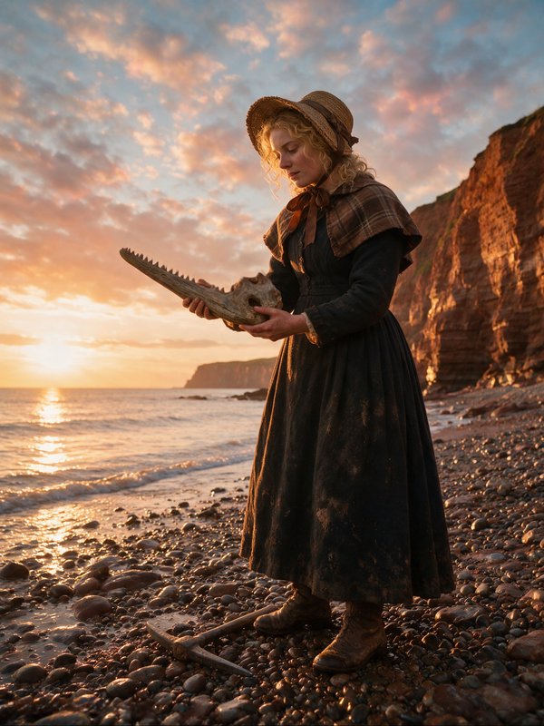 19th century paleontologist Mary Anning examines a fossil jaw on a pebbly Jurassic beach at golde...
