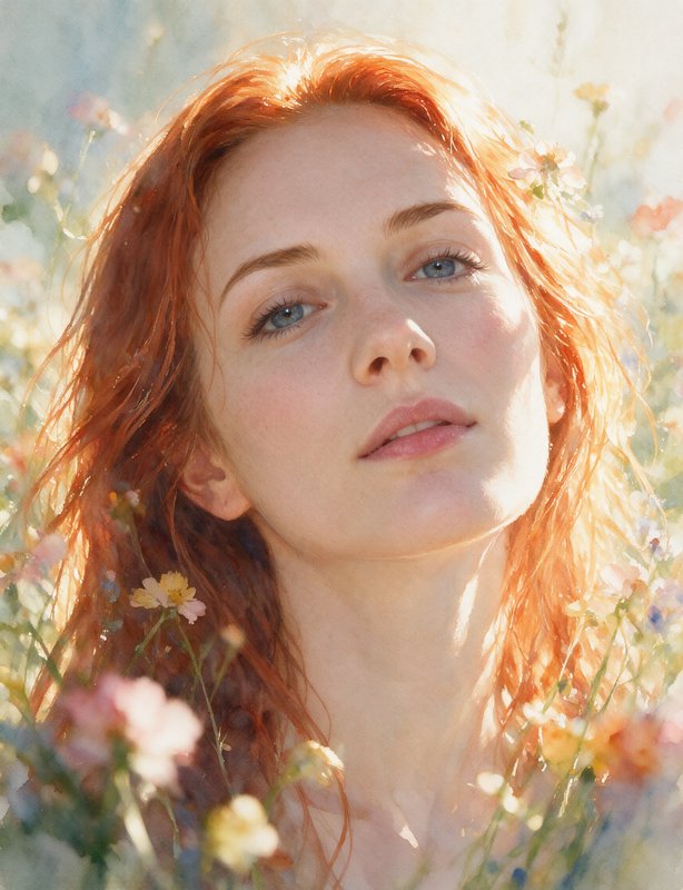 [Soft glowing painterly portrait of a red-haired blue-eyed woman surrounded by wildflowers in warm golden sunlight]