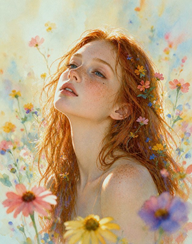 [Soft watercolor portrait of a freckled red-haired woman with wildflowers in her hair, surrounded by sunlit pastel blooms]