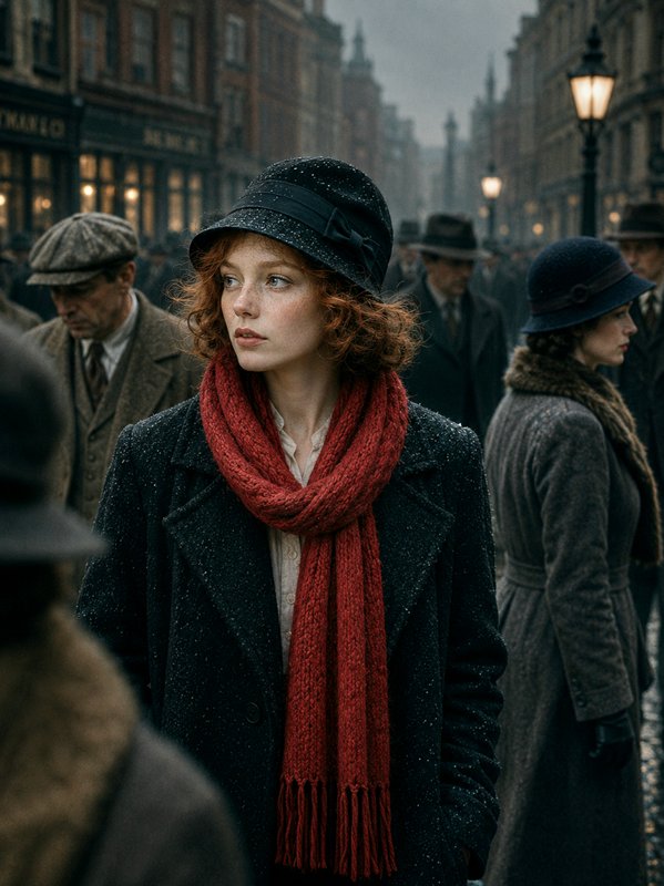 Young red-haired woman in 1920s winter attire stands in a foggy, snow-dusted historic London stre...
