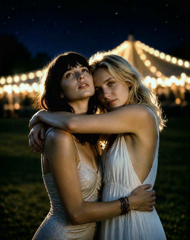 Two affectionate young women embrace outdoors under a starry night sky, with a glowing lit event ...