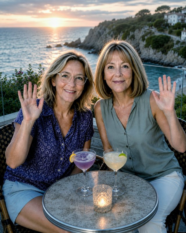 Two smiling mature women wave from a cliffside oceanfront terrace with cocktails during a golden ...