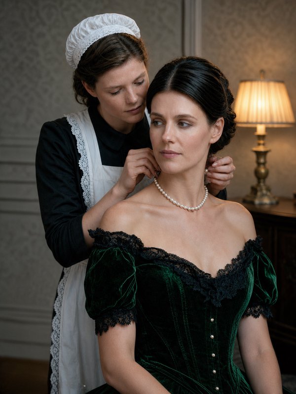 Victorian maid fastening an earring for an aristocrat wearing an emerald green period gown in a v...