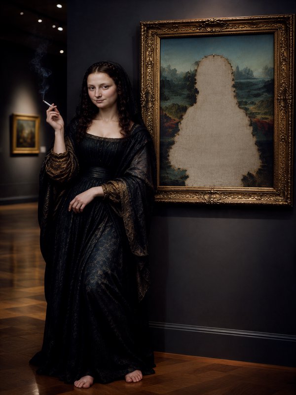 Live-action Mona Lisa lookalike holding a cigarette beside a cut-away Mona Lisa painting in a dar...