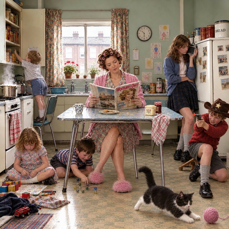 Retro 1960s domestic kitchen scene, mother reading at table as rambunctious kids play and a tuxed...
